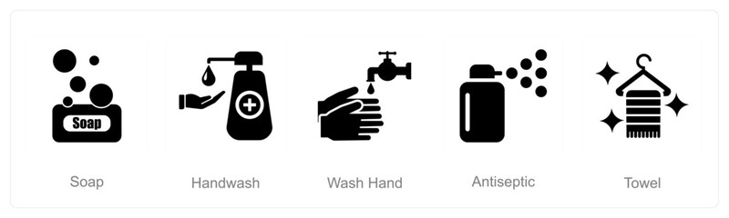 A set of 5 Hygiene icons as soap, hand wash, wash hand