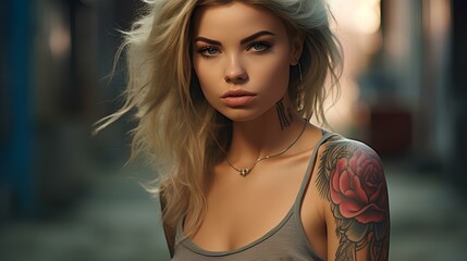 Dynamic posing a woman with tattoos, light hair, intense gaze, street style realism, strong sense of light. generative AI - obrazy, fototapety, plakaty