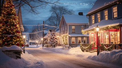 Snowy village scene with houses adorned with Christmas lights and decorations, Happy New Year banner across main street, Capturing traditional winter holiday setting, AI Generated