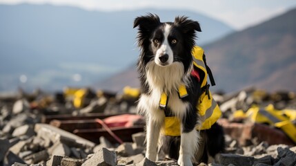Search and rescue dog in signal vest on destroyed building with blurred background and text space