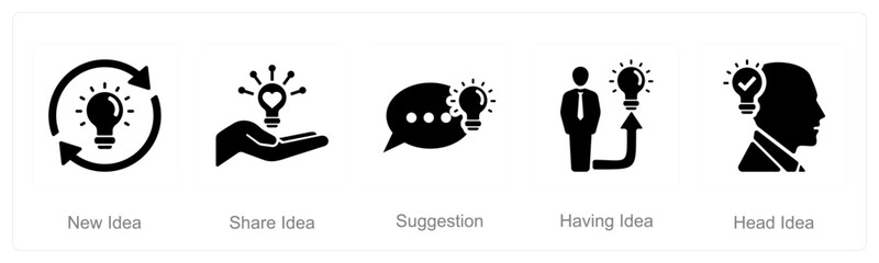 A set of 5 Idea icons as new idea, share idea, suggestion
