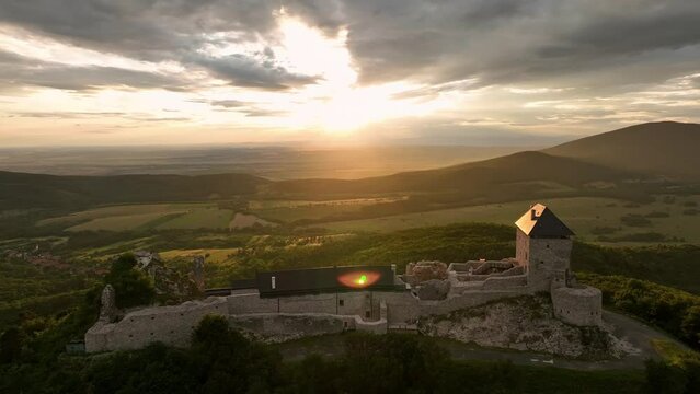 Aerial view of Regec Castle in Hungary - sunset