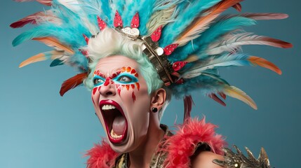 Elegant woman with slim figure screaming in carnival mask on pastel background with copy space