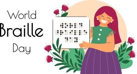 Greeting card for World Braille Day. Woman holds paper with congratulations braille on flowers. Vector illustration in flat style