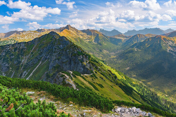 Polish Tatra Mountains, high mountain hiking trail leading to mountain peaks, mountain landscape...