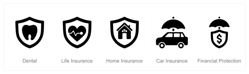 A set of 5 Insurance icons as dental, life insurance, home insurance