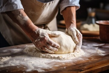 Fototapeta premium Skilled baker kneading dough for bread in bakery, defocused background, copy space available