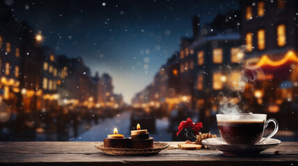 Cup of coffee with christmas decoration on wooden table in city.