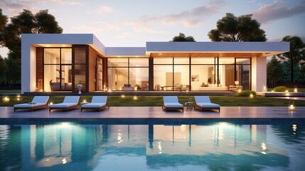 Frontal view of a large modern one-story villa with an outdoor pool. Evening lighting, white sun loungers, clear water - obrazy, fototapety, plakaty