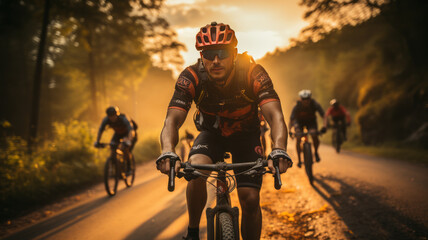 Group of Asian cyclists, they cycle through rural and forest roads in the morning - obrazy, fototapety, plakaty