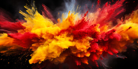 Explosive burst of red and yellow powder on a dark background, resembling a fiery nebula or dynamic paint splatter, symbolizing energy, force, and artistic creativity - obrazy, fototapety, plakaty