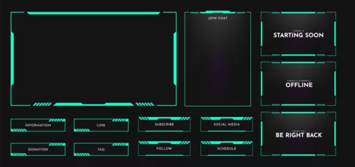 Fotobehang Live stream overlay panel design template. Futuristic digital streaming screen interface. Online game, video streaming frame layout. Vector illustration © Ardkyuu