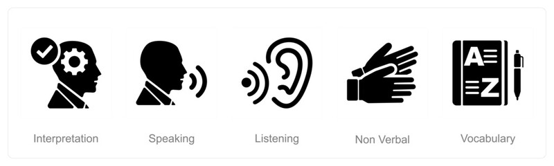 Obraz premium A set of 5 Language icons as interpretation, speaking, listening
