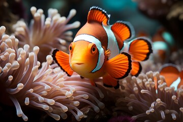 Naklejka na ściany i meble Clownfish peeking out from its anemone home within the coral reef, Generative AI