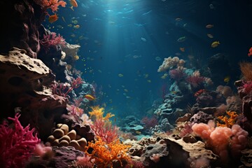 Naklejka na ściany i meble Coral reef drop-off, where the underwater landscape suddenly plunges into the deep blue abyss, Generative AI