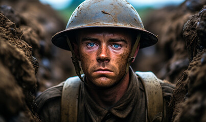 Solemn soldier in World War uniform standing in the trenches, intense gaze reflecting the gravity of military service and the historical impact of global conflict