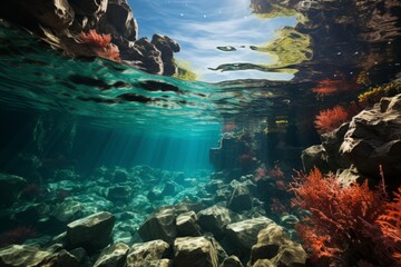 Coral reef drop-off, where the underwater landscape suddenly plunges into the deep blue abyss,...