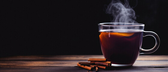 Cup of hot tea with cinnamon on wooden table. Black background.