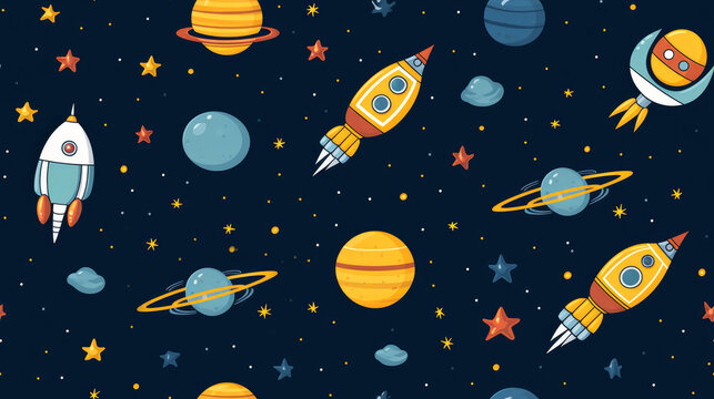 Seamless pattern with cartoon space rockets, planets, stars . 