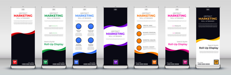 vertical roll up Banner Design for meetings, Street Business, presentations, annual events, events, exhibitions in red, blue, orange, purple, green, pink and yellow