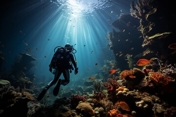 Diver capturing the breathtaking beauty of a deep-sea coral garden, home to unique and rare species, Generative AI
