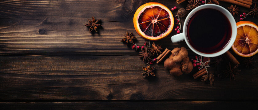Cup of hot mulled wine with spices on wooden background.