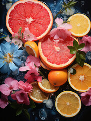 Sliced citrus fruits on a flowers background