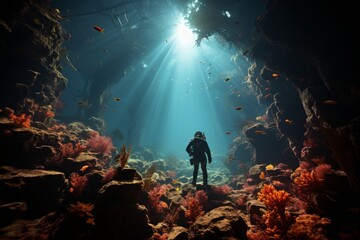 Diver capturing the breathtaking beauty of a deep-sea coral garden, home to unique and rare...