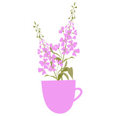Willow herb flowers  in a  mug, herbal tea, teacup of hot beverage. Vector illustration of medicinal herbs