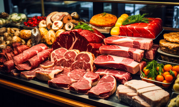 Assorted fresh meats displayed in a butcher shop, including beef, pork, sausages, and cold cuts, perfectly arranged in a showcase fridge