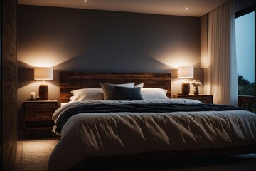 Minimalistisches Wohlfühl-Schlafzimmer: Natürliche Texturen, Holzmöbel und weiche Bettwäsche im sanften Licht, für eine ruhige und entspannte Atmosphäre.