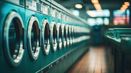 Blurred Row of industrial laundry machines in laundromat - obrazy, fototapety, plakaty