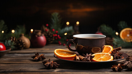 Obraz na płótnie Canvas Cup of coffee with spices and christmas decoration on wooden background.