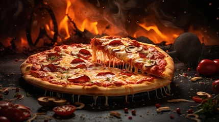 Foto op Plexiglas traditional wood fired oven pizza fresh baked brick inside pizzeria © Olga