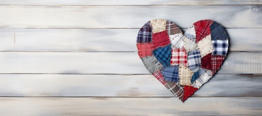 patchwork heart on a wooden background with a place for text - obrazy, fototapety, plakaty