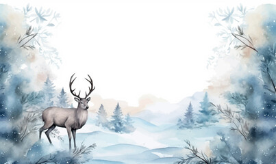 watercolor deer in the winter forest, trees, snow, background