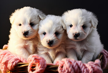 three adorable puppies on a black background created with Generative AI technology
