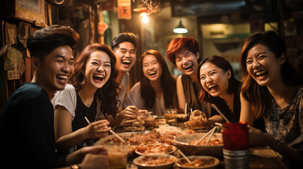Group of happy asian friends eating together in a korean restaurant