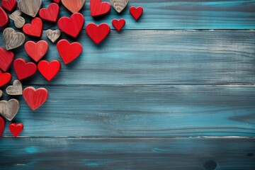 Red hearts on a blue wooden background. Happy Valentine's Day top view greeting card