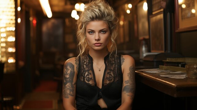 AI generated illustration of a young woman with tattoos wearing a dark dress in a tattoo parlor