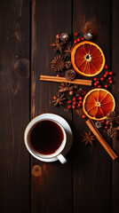 Cup of hot mulled wine with spices on dark wooden background.