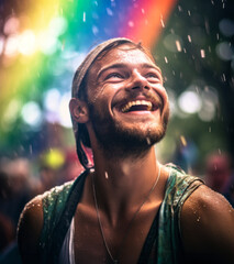 Gay man is smiling in the rain  at the pride parade with LGBTQ+ on the background of the rainbow flag. The concept of celebrating diversity and protecting LGBT people.
