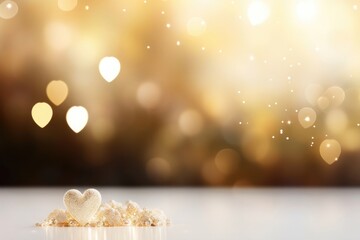 Golden glittering shiny hearts on defocused festive bokeh background with copy space.