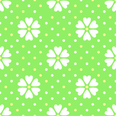Naklejka premium White flowers on green polka dot background. Vector seamless pattern. Best for textile, wallpapers, home decoration, wrapping paper, package and your design.