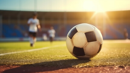Fototapeta premium Football World Championship: Soccer Player Runs to Kick the Ball. Ball on the Grass Field of Arena, Full Stadium of Crowd Cheers. International Tournament. Cinematic Shot Captures Victory.