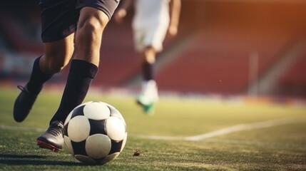 Fototapeta premium Football World Championship: Soccer Player Runs to Kick the Ball. Ball on the Grass Field of Arena, Full Stadium of Crowd Cheers. International Tournament. Cinematic Shot Captures Victory.