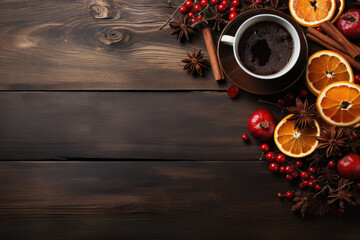 Cup of mulled wine with spices on wooden table, top view.