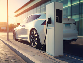 EV electric car plugged charging at standalone station Generative AI.