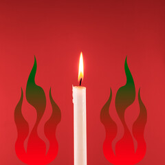 A burning candle on a red background with a symbolic image of fire. Square image.