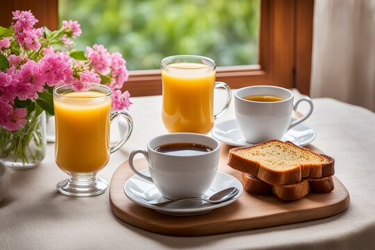 French toasts, coffee and orange juice for breakfast, pink flowers in jug on window in rustic house. AI generated